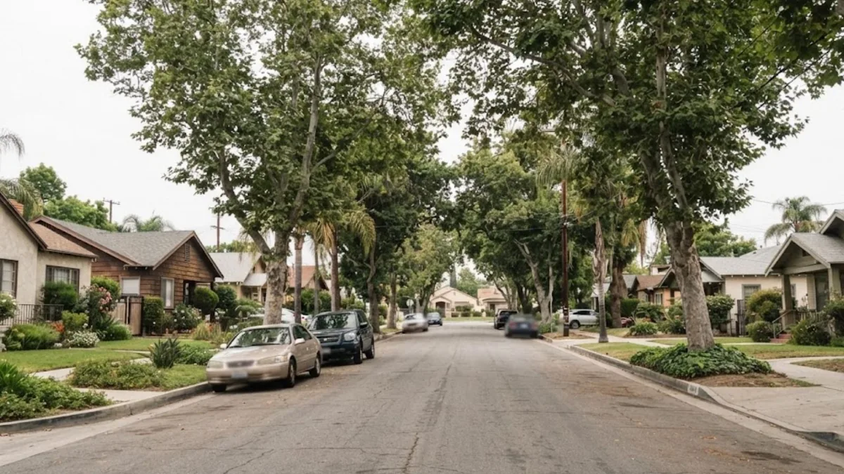 Residential street with mature trees in La Habra, California